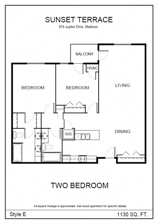 Floor plan for 2 beds, 2 baths, 1130 sqft